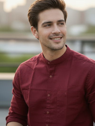 Men's Maroon Mandarin Collar Casual Shirt