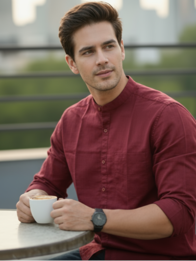 Men’s Maroon Mandarin Collar Casual Shirt